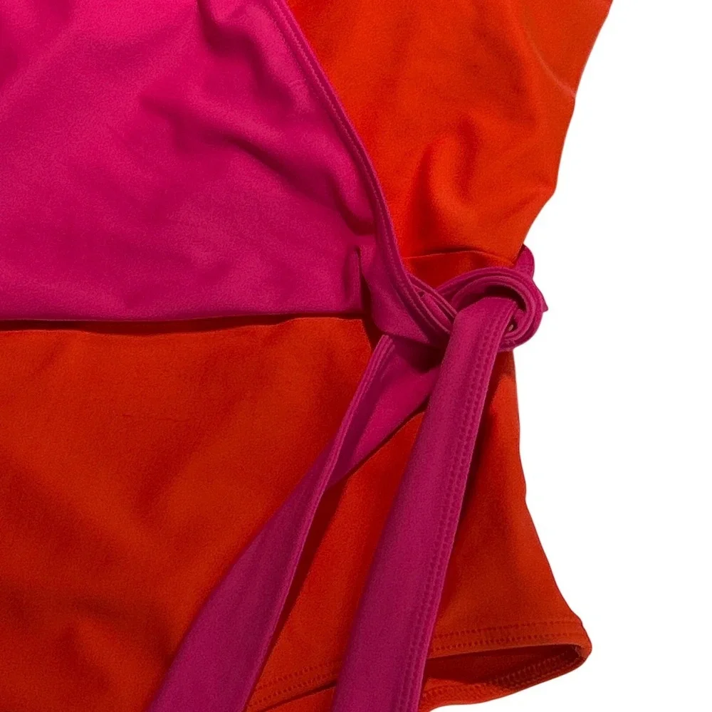 Summersalt The Perfect Wrap One-Piece Swimsuit Hibiscus Fuchsia Colorblock Sz 14